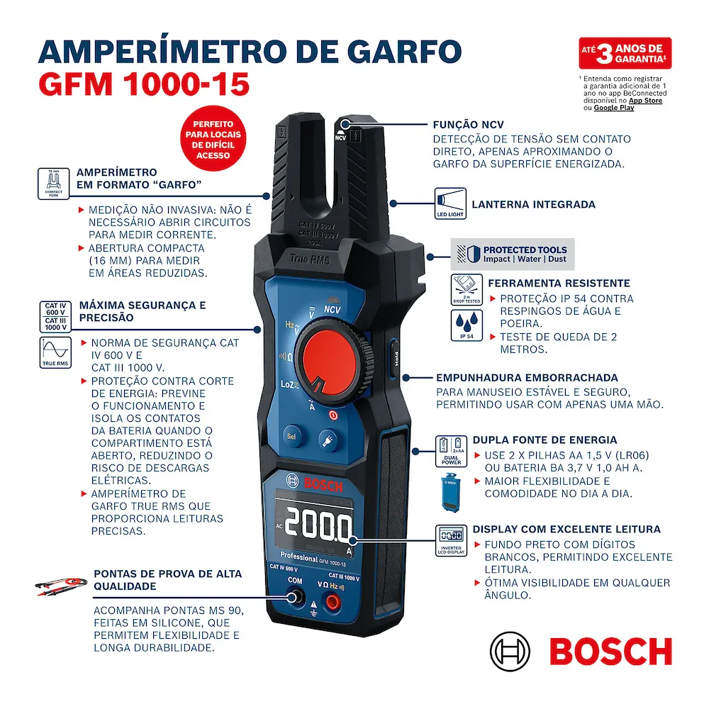 Amperímetro de Garfo TRMS Bosch GFM 1000-15