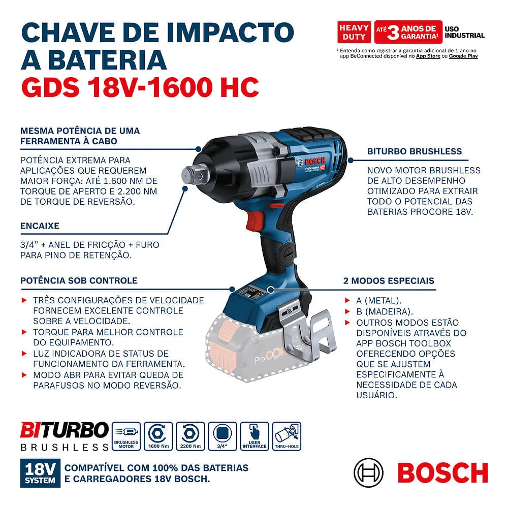 Chave de impacto Bosch GDS 18V-1600 HC 18V 2Bat + maleta