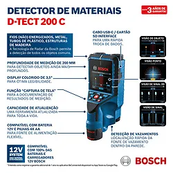 Detector e scanner de parede Bosch D-TECT 200 C até 200 mm