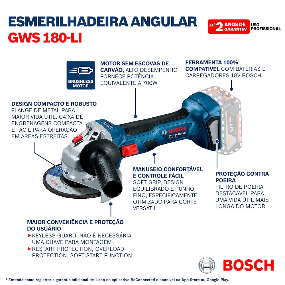 Esmerilhadeira Bosch GWS 180-LI Brushless 18V Sem bateria
