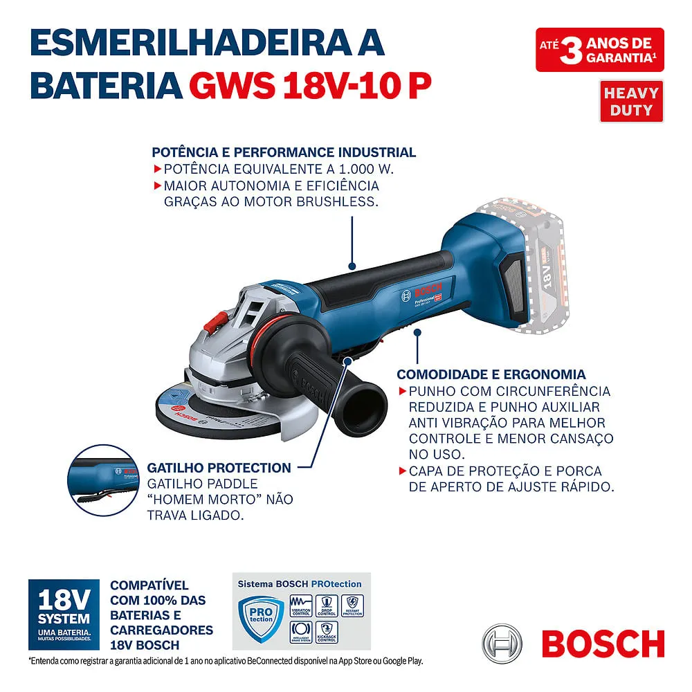 Esmerilhadeira angular Bosch GWS 18V-10 P Sem bateria