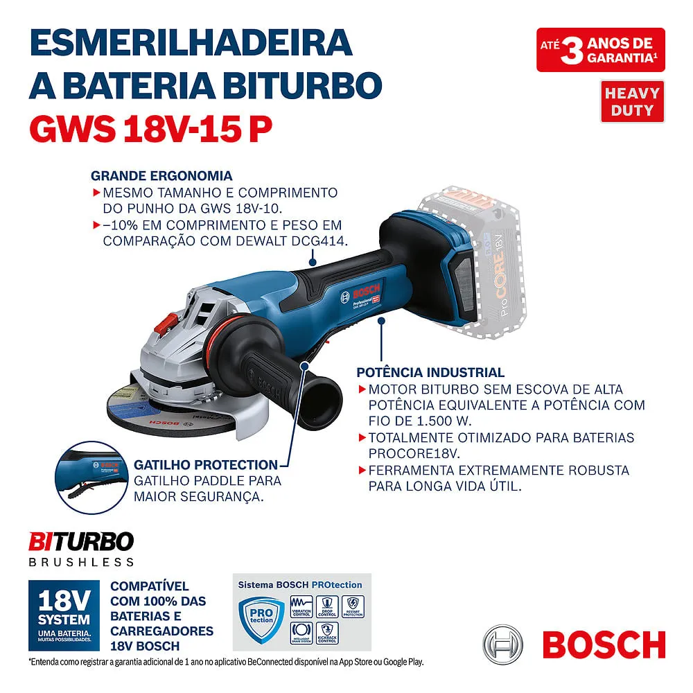 Esmerilhadeira angular Bosch GWS 18V-15 P Sem bateria