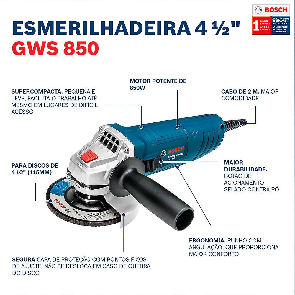 Esmerilhadeira angular Bosch GWS 850 850W com 3 discos