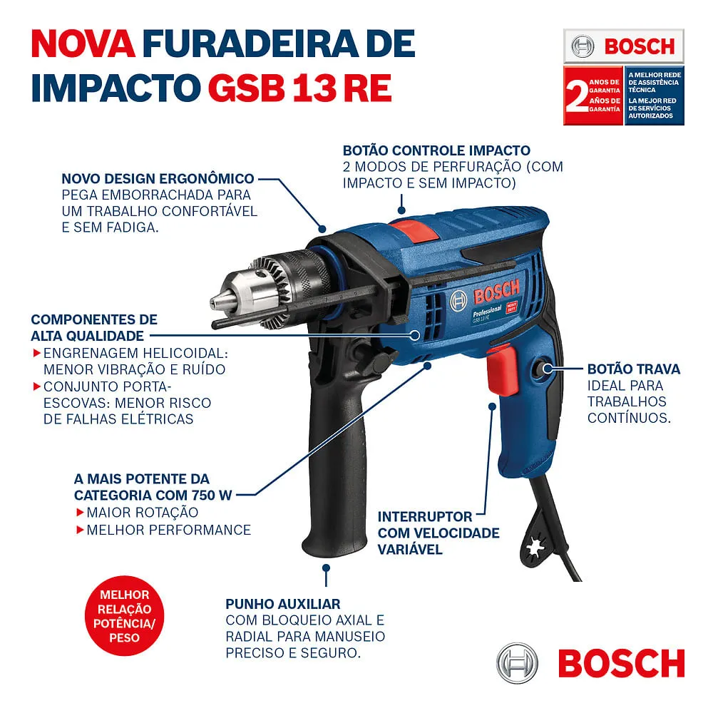 Furadeira de Impacto Bosch GSB 13 RE-MX5, 5 brocas e maleta