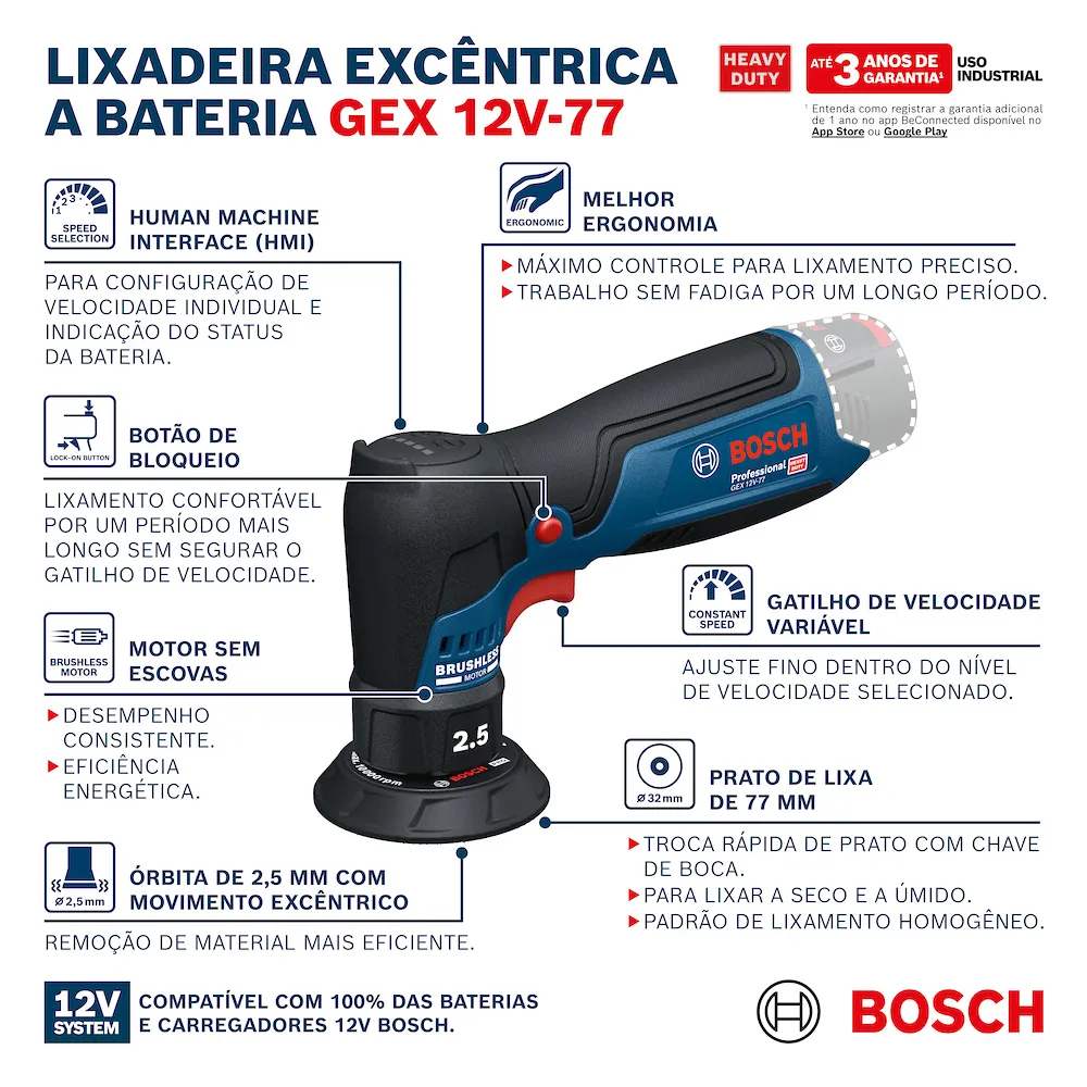 Lixadeira a bateria Bosch GEX 12V-77 Brushless sem bateria