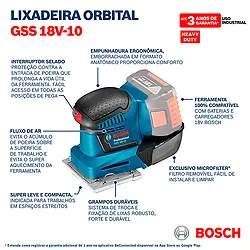 Lixadeira orbital Bosch GSS 18V-10, 2 lixas, Sem bateria