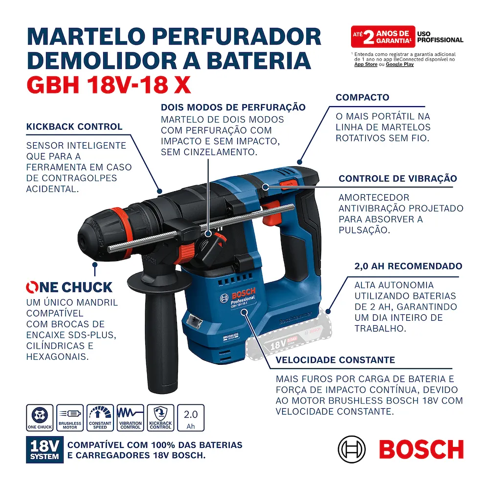 Martelete Perfurador Bosch GBH 18V-18 X sem bateria