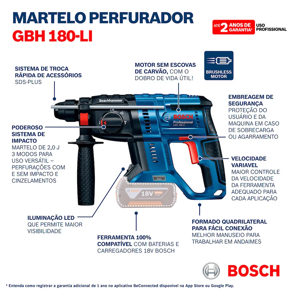 Martelete rompedor Bosch GBH 180-LI Brushless 18V Sem bateria