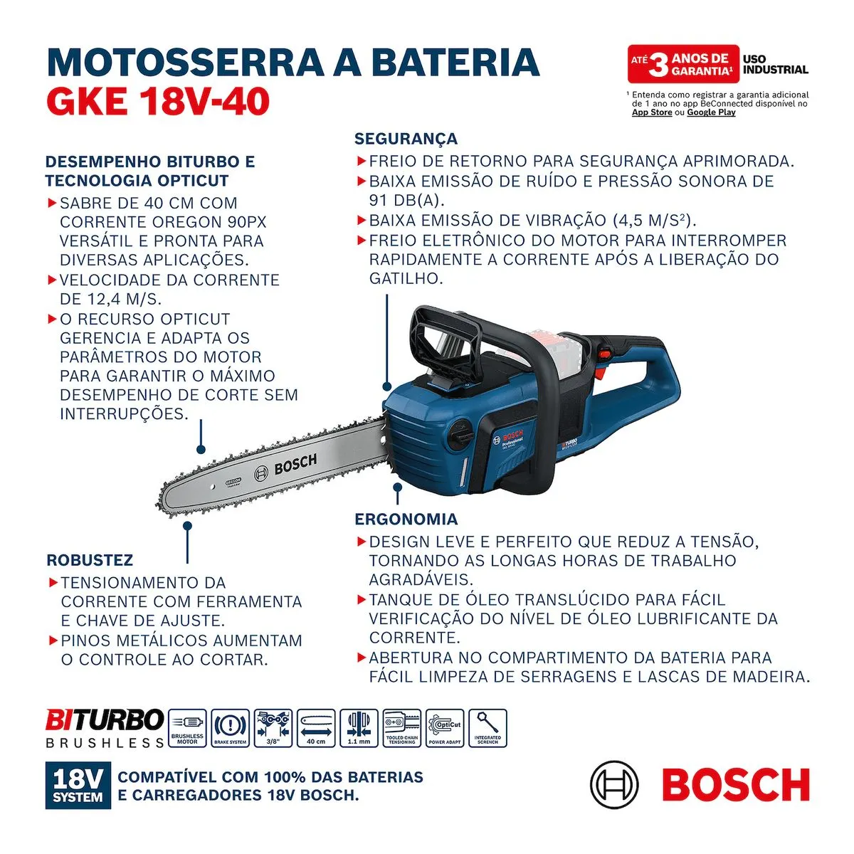 Motosserra a bateria Bosch GKE 18V-40 sem bateria