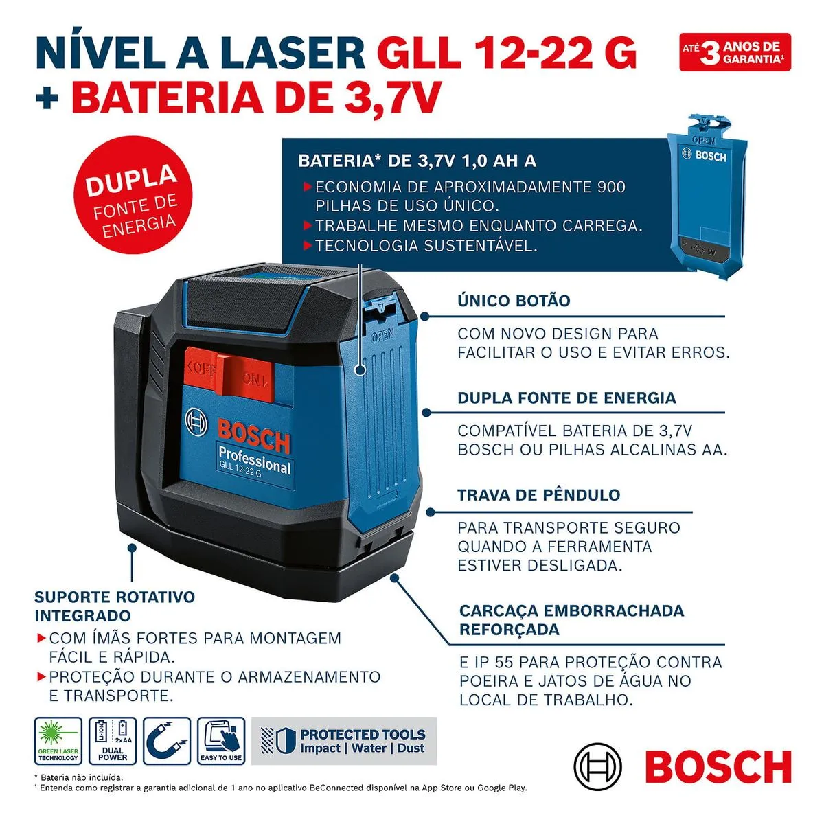 Nível a Laser verde Bosch GLL 12-22 G, 12m suporte giratório