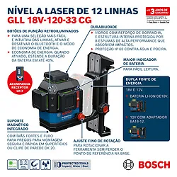 Nível a laser Bosch GLL 18V-120-33 CG 240m + maleta