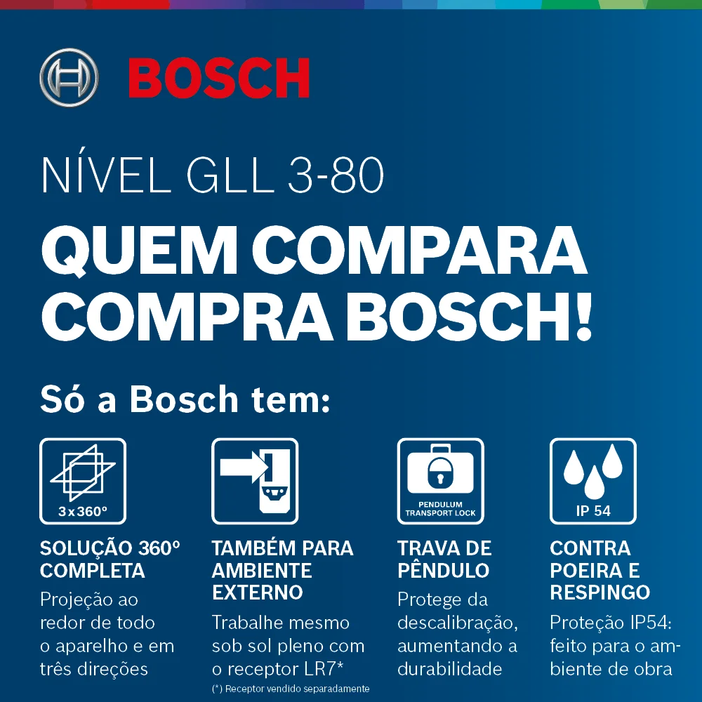 Nível a laser Bosch GLL 3-80, 80m, 360º, em maleta