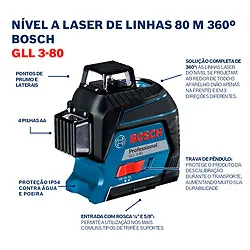 Nível a laser Bosch GLL 3-80, 80m, 360º, em maleta