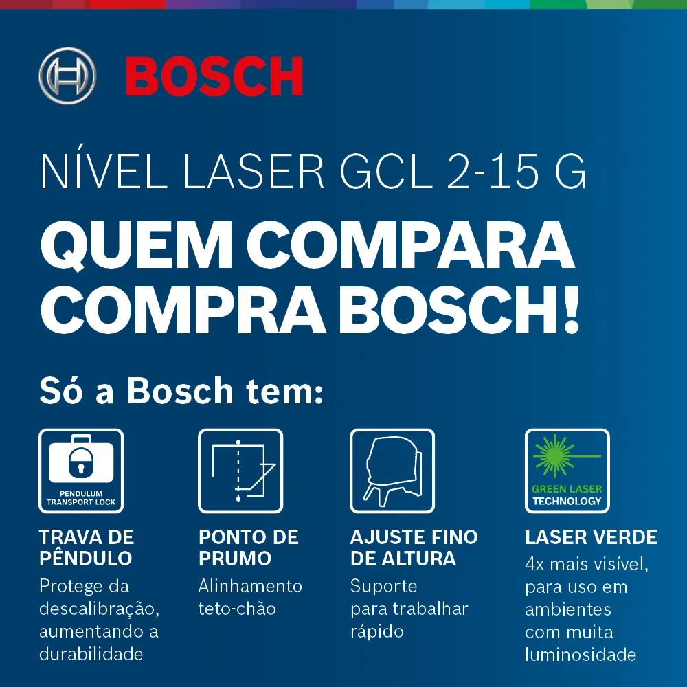 Nível a laser verde Bosch GCL 2-15 G 15m, suporte e maleta