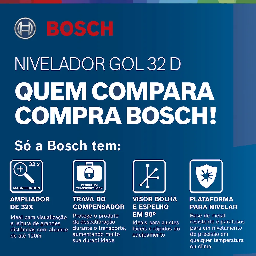 Nível óptico Bosch GOL 32 D, zoom de 32x, em maleta