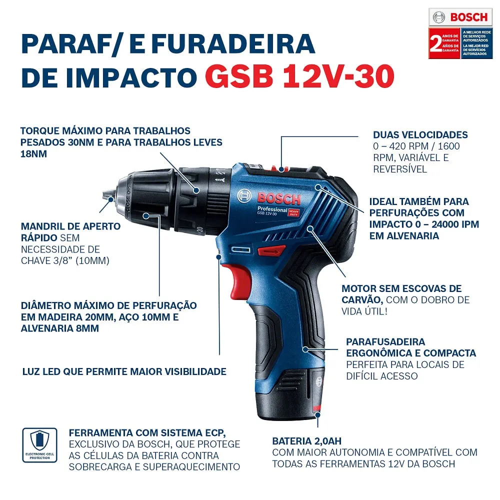 Parafusadeira Furadeira Bosch GSB 12V-30 12V 2 bat e maleta
