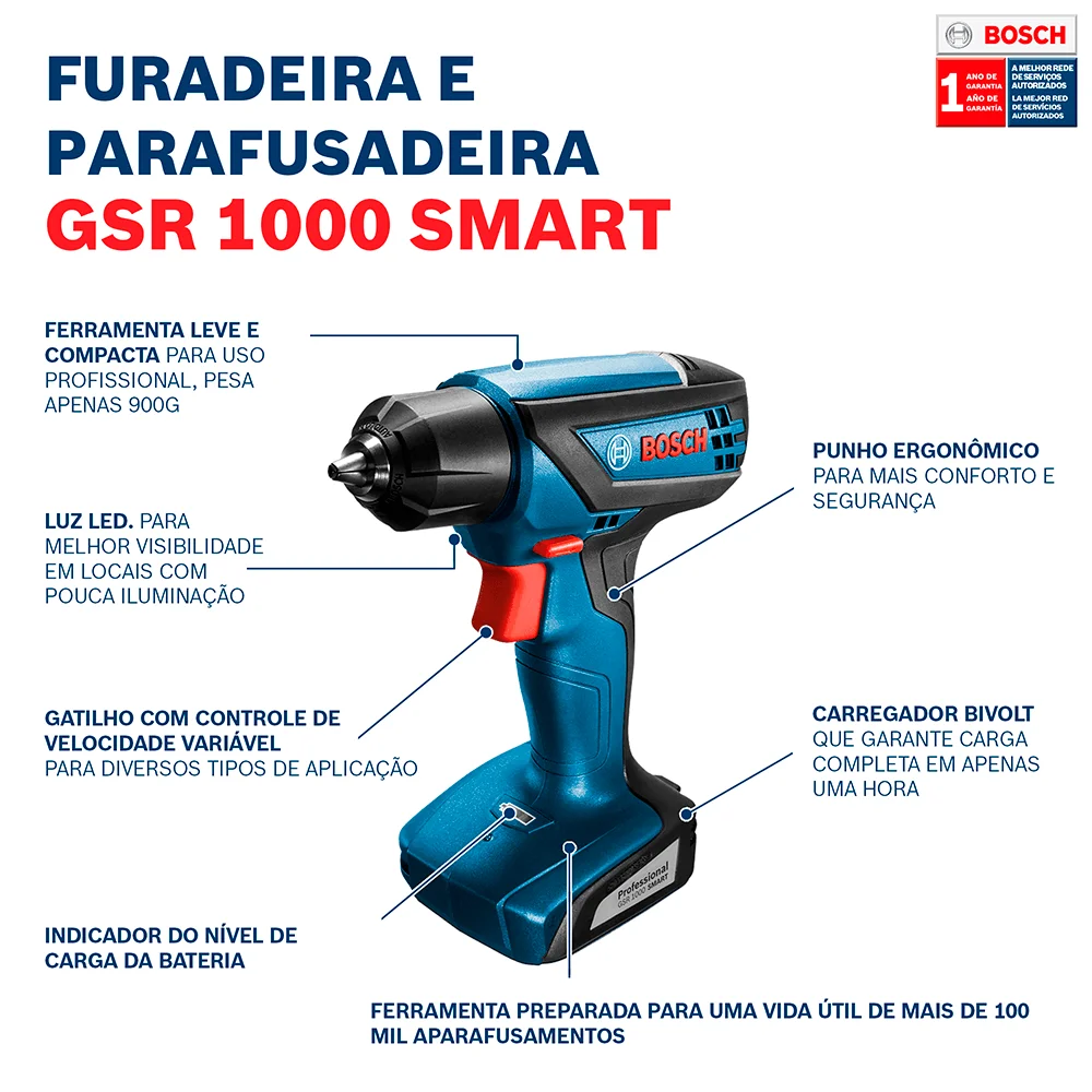 Parafusadeira Furadeira Bosch GSR 1000 Smart 12V com bateria