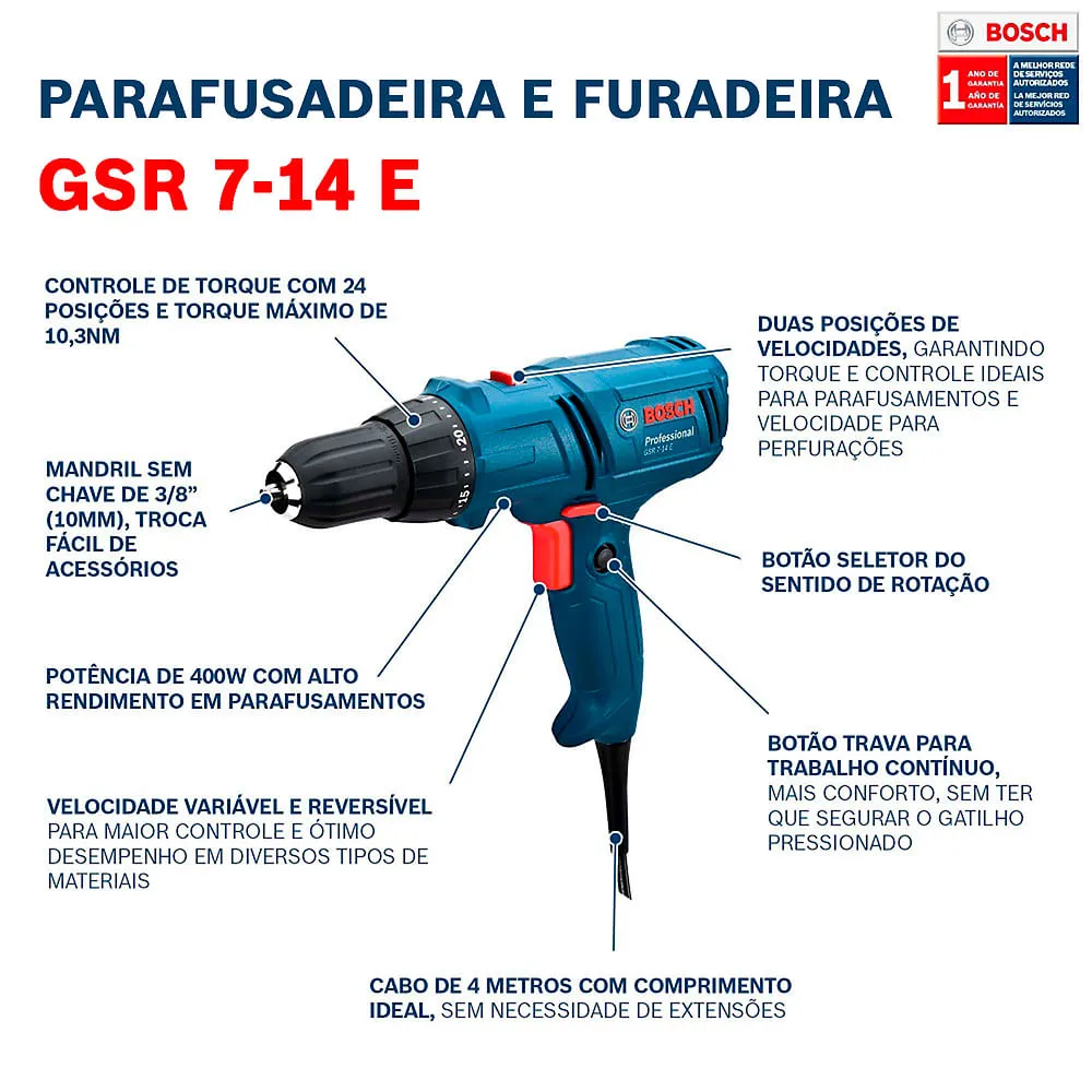 Parafusadeira e furadeira Bosch GSR 7-14 E 400W, cabo 4m