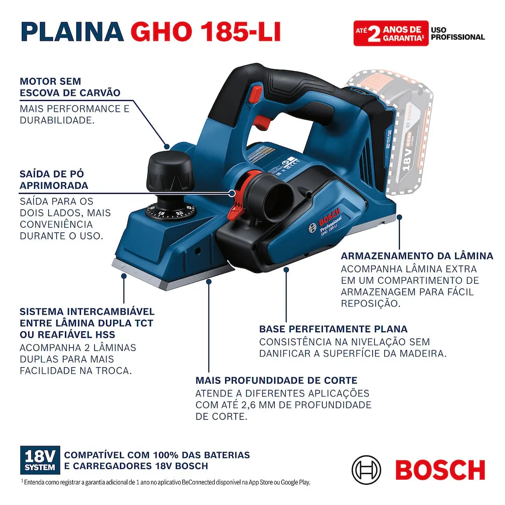 Plaina Bosch GHO 185-LI 18V Brushless 2 lâminas Sem bateria