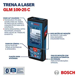 Trena laser Bosch GLM 100-25 C alcance 100m com Bluetooth